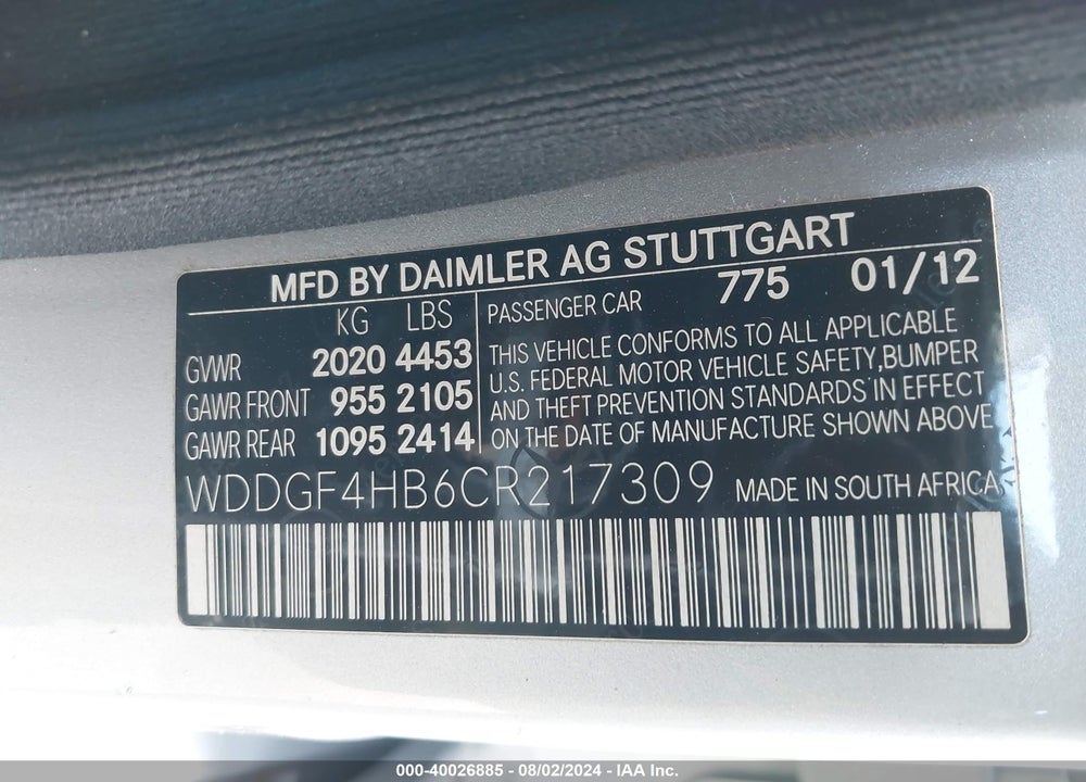 2012 MERCEDES-BENZ C 250 LUXURY/SPORT VIN: WDDGF4HB6CR217309