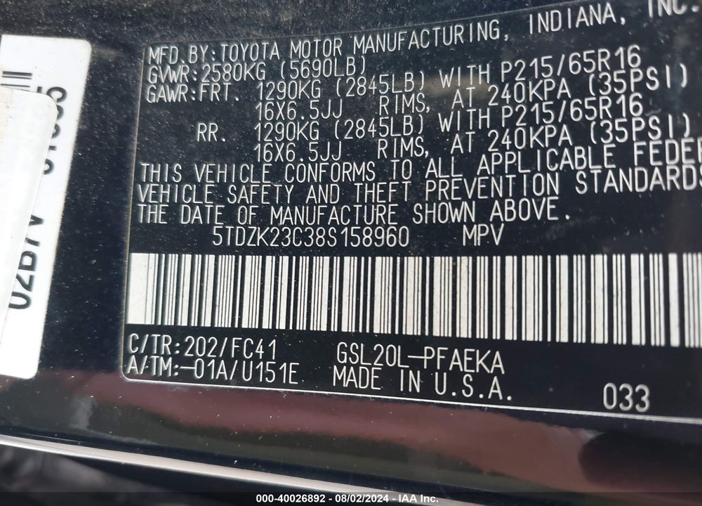 2008 TOYOTA SIENNA LE VIN: 5TDZK23C38S158960