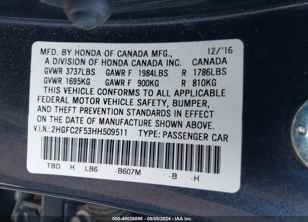2017 HONDA CIVIC LX VIN: 2HGFC2F53HH509511