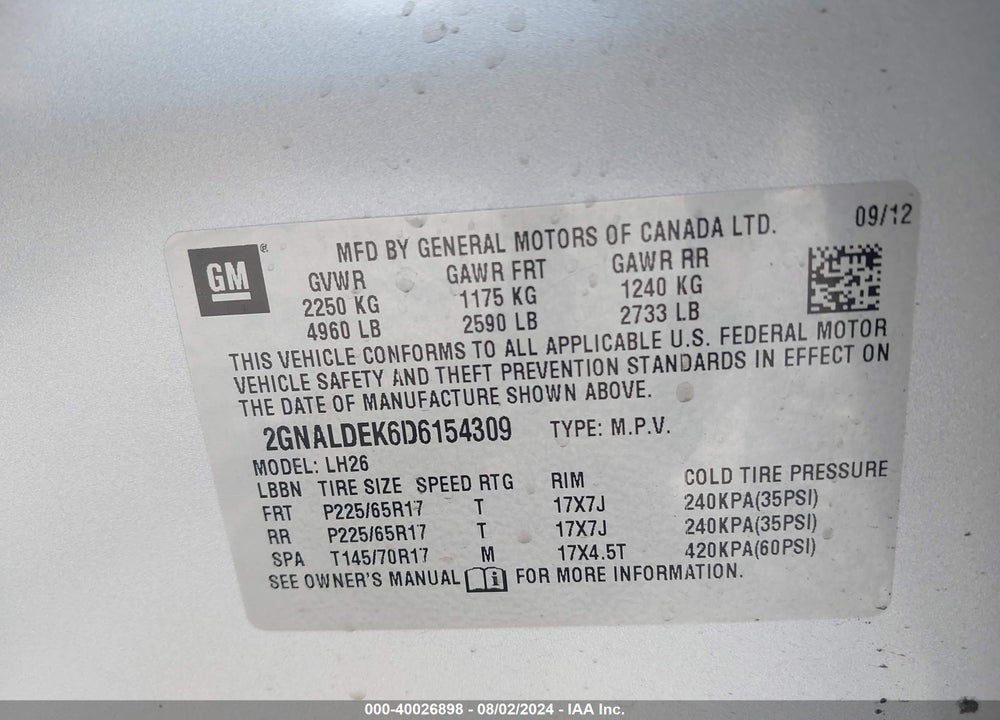 2013 CHEVROLET EQUINOX 1LT VIN: 2GNALDEK6D6154309