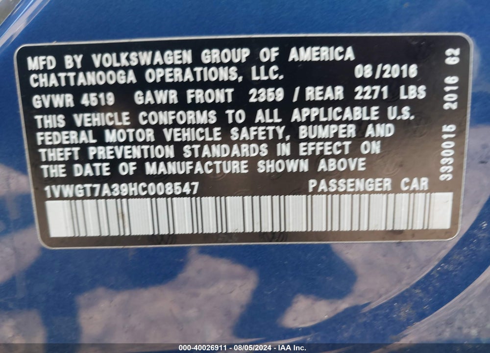 2017 VOLKSWAGEN PASSAT VIN: 1VWGT7A39HC008547