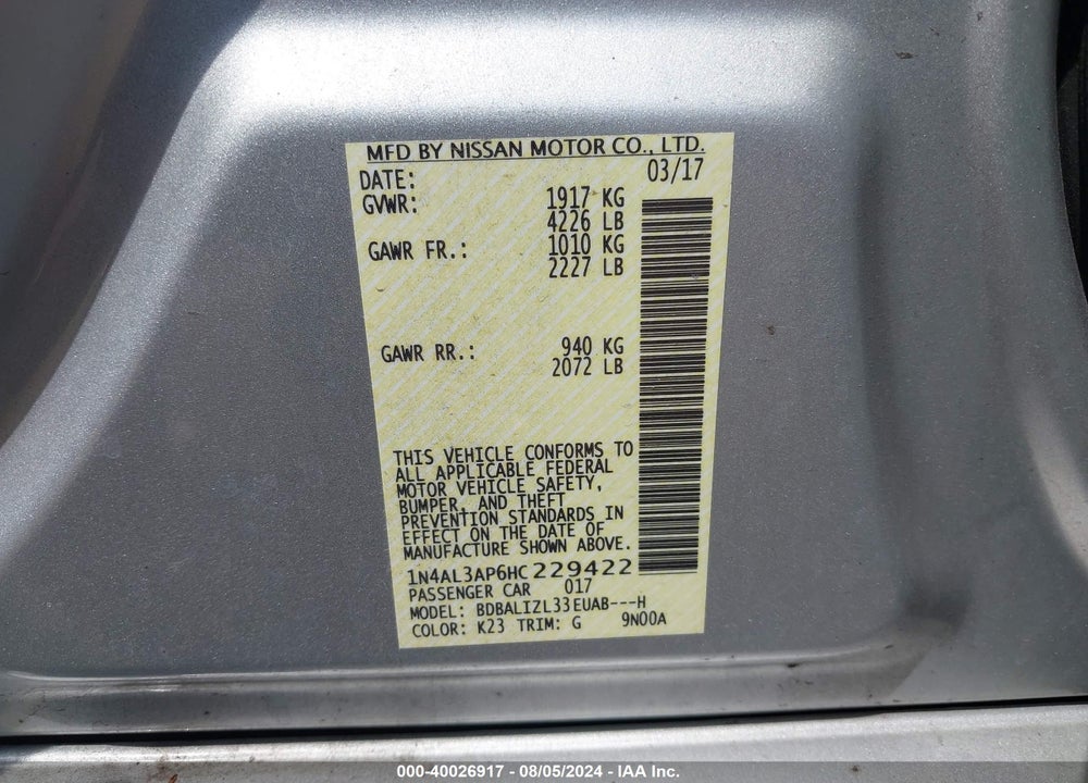 2017 NISSAN ALTIMA 2.5 SV VIN: 1N4AL3AP6HC229422