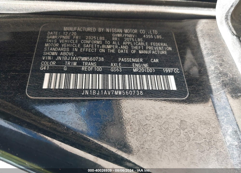2021 NISSAN ROGUE SPORT S FWD XTRONIC CVT VIN: JN1BJ1AV7MW560738