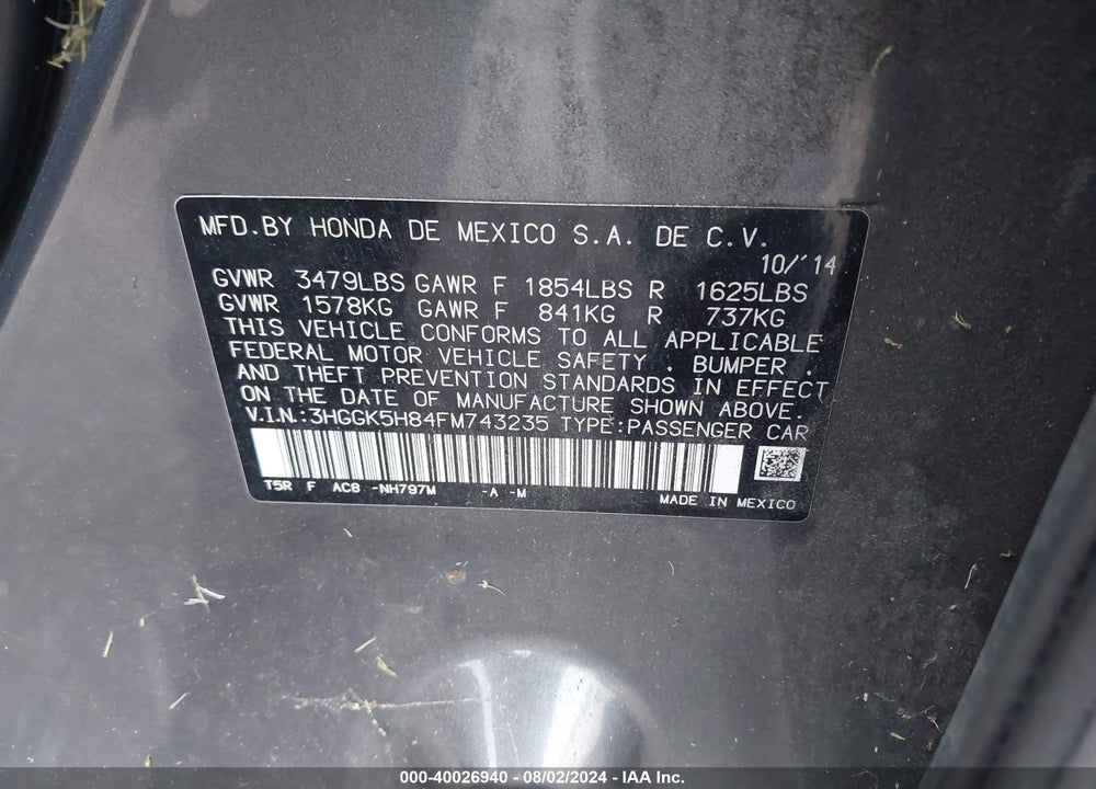2015 HONDA FIT EX/EX-L VIN: 3HGGK5H84FM743235