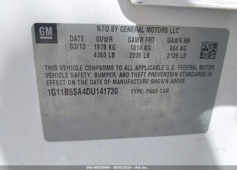 2013 CHEVROLET MALIBU 1LS VIN: 1G11B5SA4DU141730