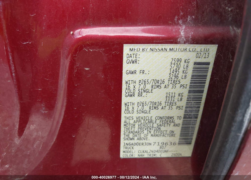 2013 NISSAN FRONTIER SV VIN: 1N6AD0ER3DN719636