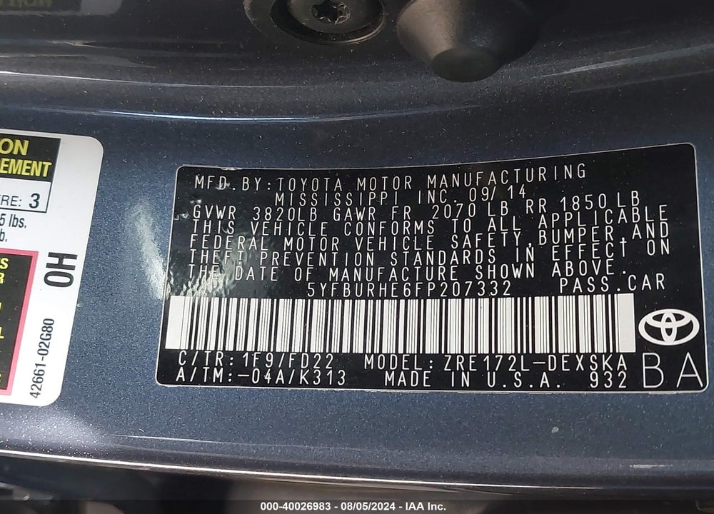 2015 TOYOTA COROLLA S PLUS VIN: 5YFBURHE6FP207332