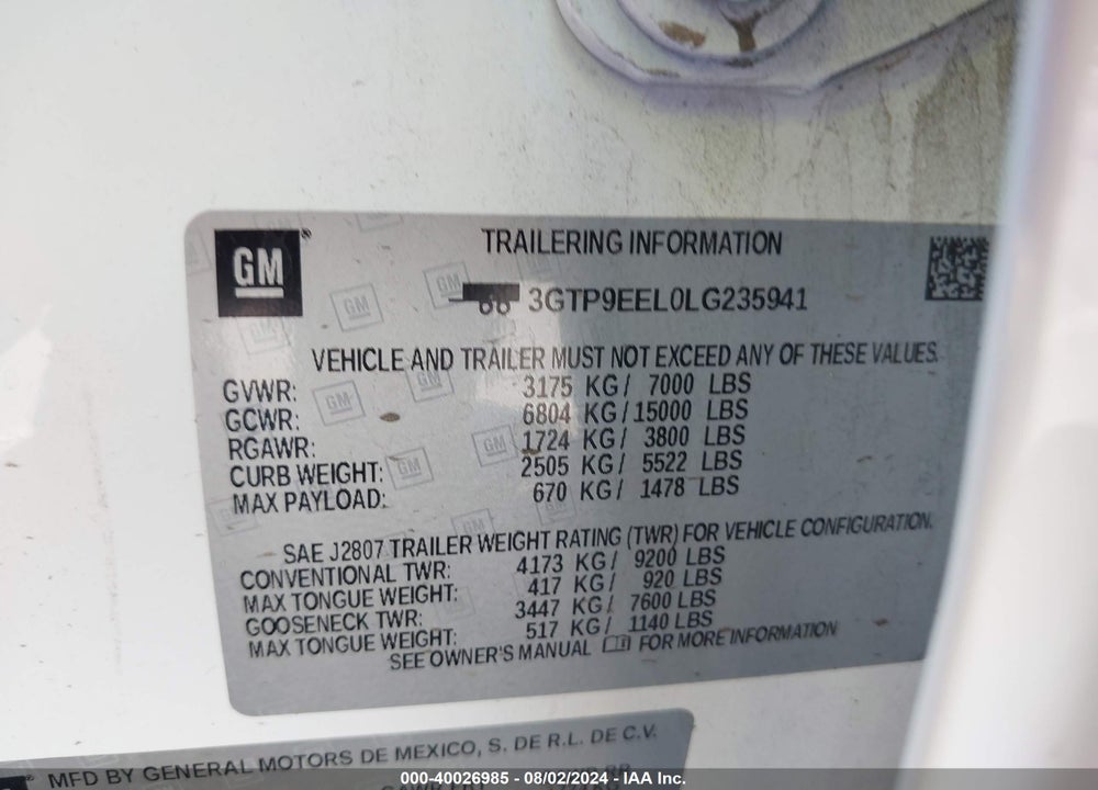 2020 GMC SIERRA 1500 4WD SHORT BOX AT4 VIN: 3GTP9EEL0LG235941