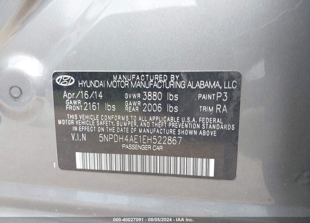 2014 HYUNDAI ELANTRA SE VIN: 5NPDH4AE1EH522867