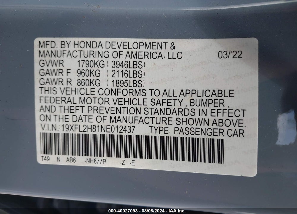 2022 HONDA CIVIC SPORT VIN: 19XFL2H81NE012437