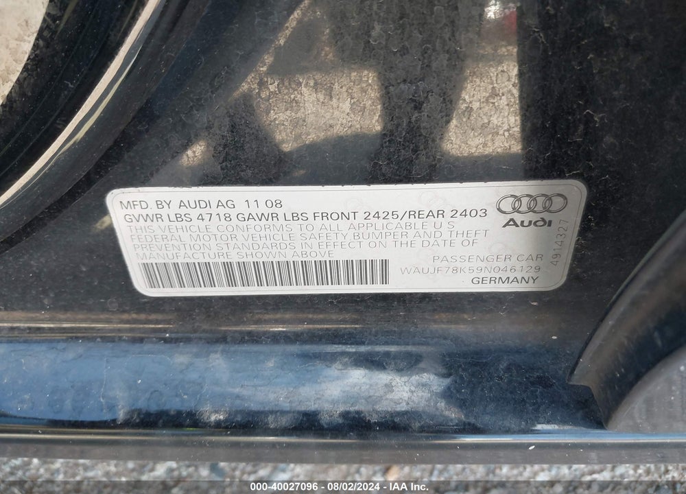 2009 AUDI A4 2.0T PREMIUM VIN: WAUJF78K59N046129