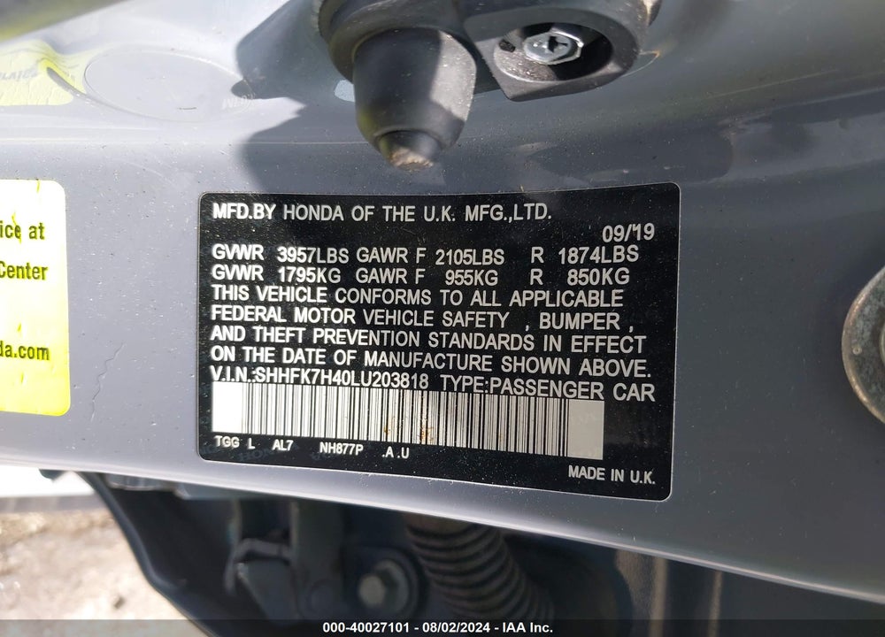 2020 HONDA CIVIC SPORT VIN: SHHFK7H40LU203818