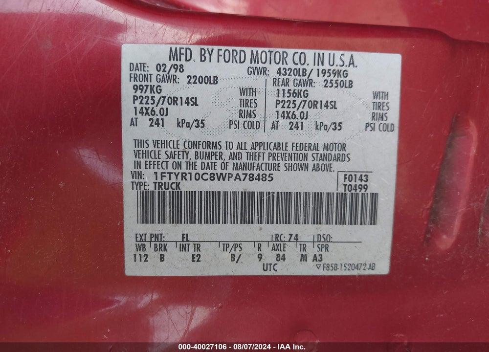1998 FORD RANGER SPLASH/XL/XLT VIN: 1FTYR10C8WPA78485