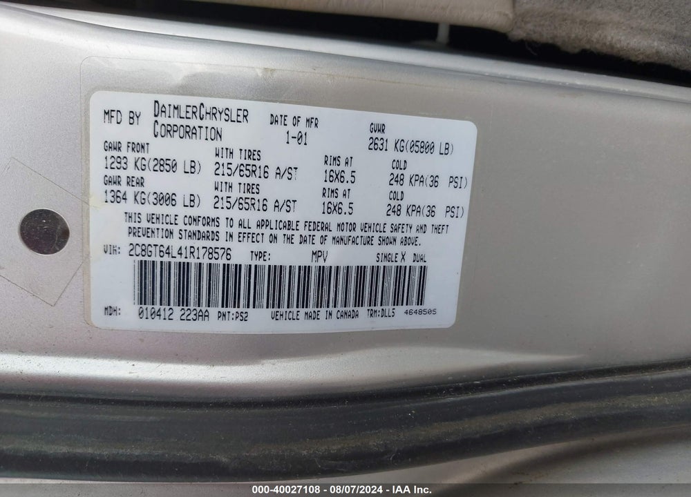 2001 CHRYSLER TOWN & COUNTRY LIMITED VIN: 2C8GT64L41R178576