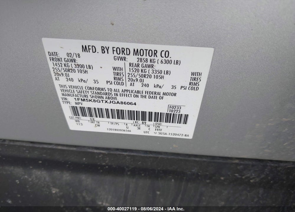 2018 FORD EXPLORER SPORT VIN: 1FM5K8GTXJGA86064
