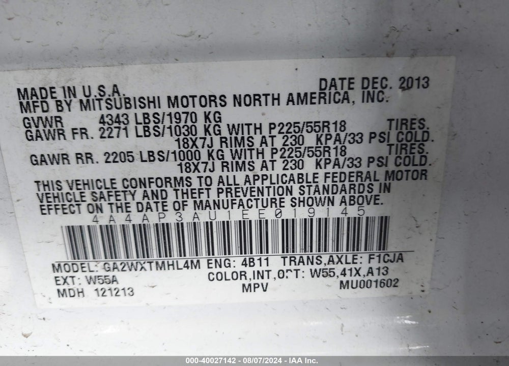 2014 MITSUBISHI OUTLANDER SPORT ES VIN: 4A4AP3AU1EE019145