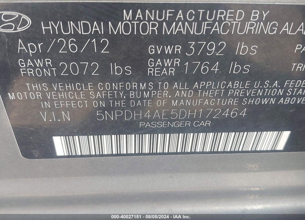 2013 HYUNDAI ELANTRA GLS VIN: 5NPDH4AE5DH172464