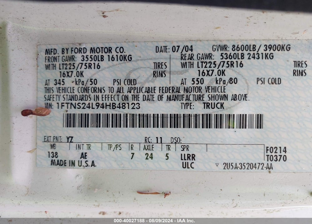2004 FORD E-250 COMMERCIAL/RECREATIONAL VIN: 1FTNS24L94HB48123