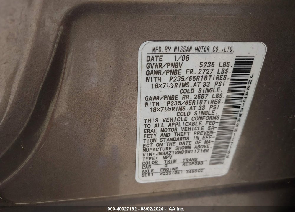 2009 NISSAN MURANO S VIN: JN8AZ18W89W117168