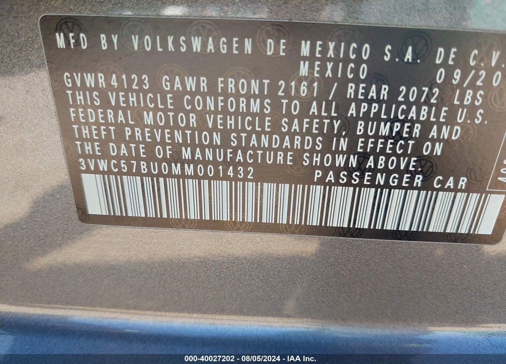 2021 VOLKSWAGEN JETTA 1.4T R-LINE/1.4T S/1.4T SE VIN: 3VWC57BU0MM001432