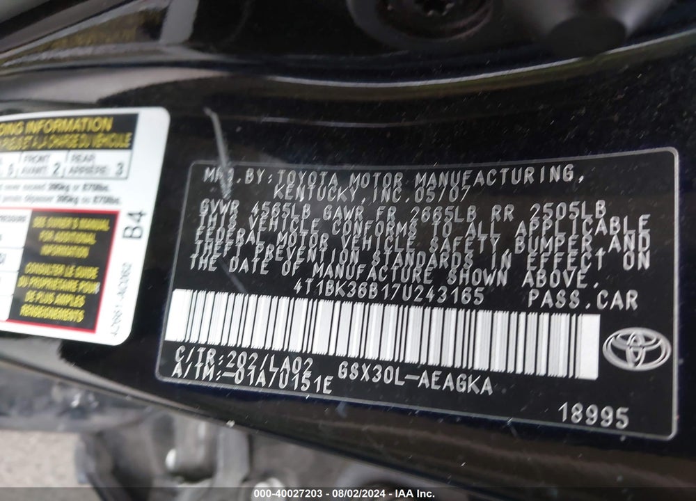 2007 TOYOTA AVALON XLS VIN: 4T1BK36B17U243165