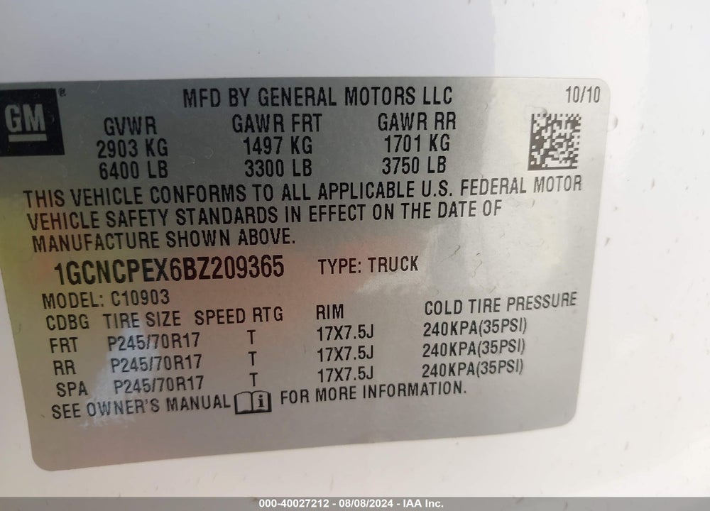 2011 CHEVROLET SILVERADO 1500 VIN: 1GCNCPEX6BZ209365