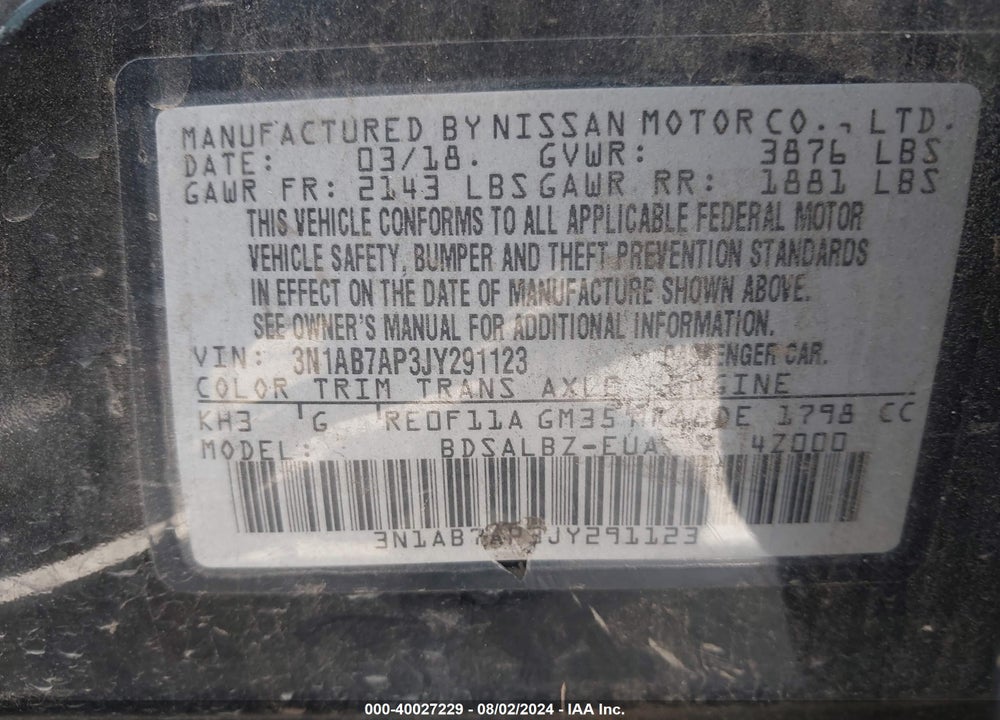 2018 NISSAN SENTRA S VIN: 3N1AB7AP3JY291123