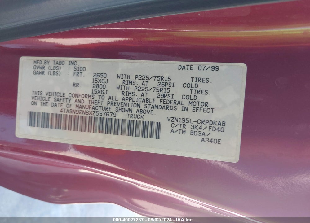 1999 TOYOTA TACOMA PRERUNNER V6 VIN: 4TASN92N6XZ557679