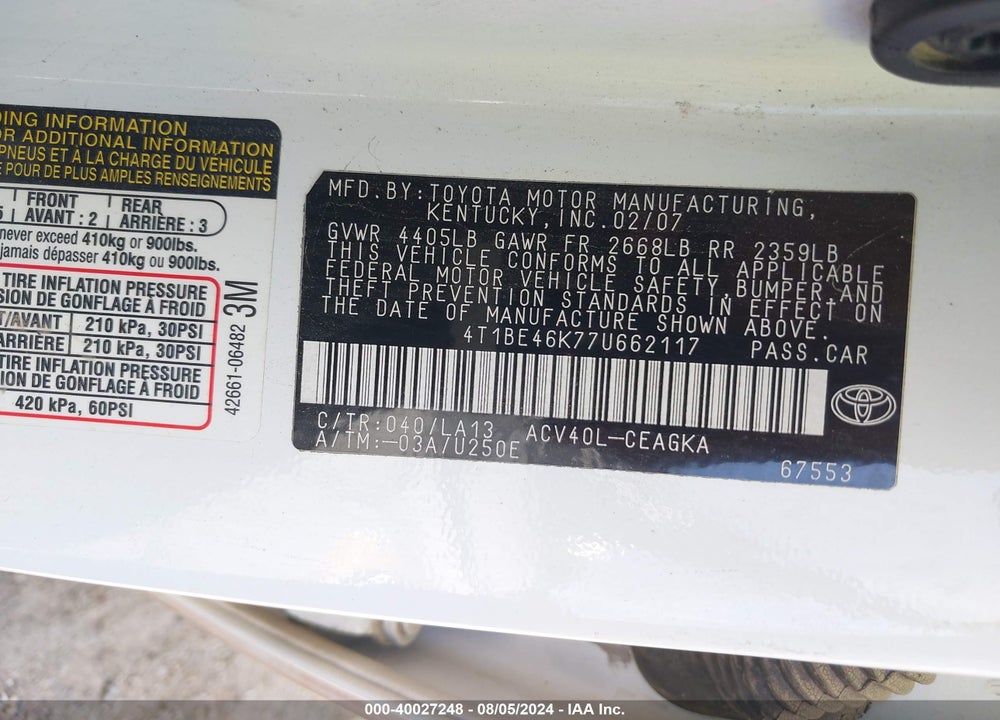 2007 TOYOTA CAMRY XLE VIN: 4T1BE46K77U662117