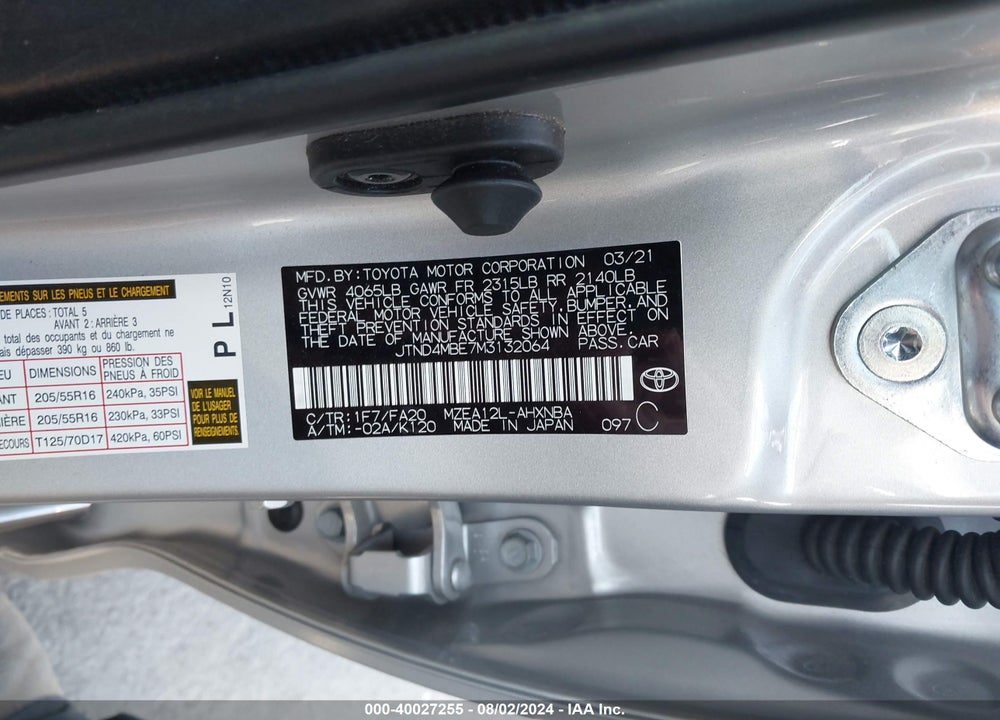 2021 TOYOTA COROLLA SE VIN: JTND4MBE7M3132064