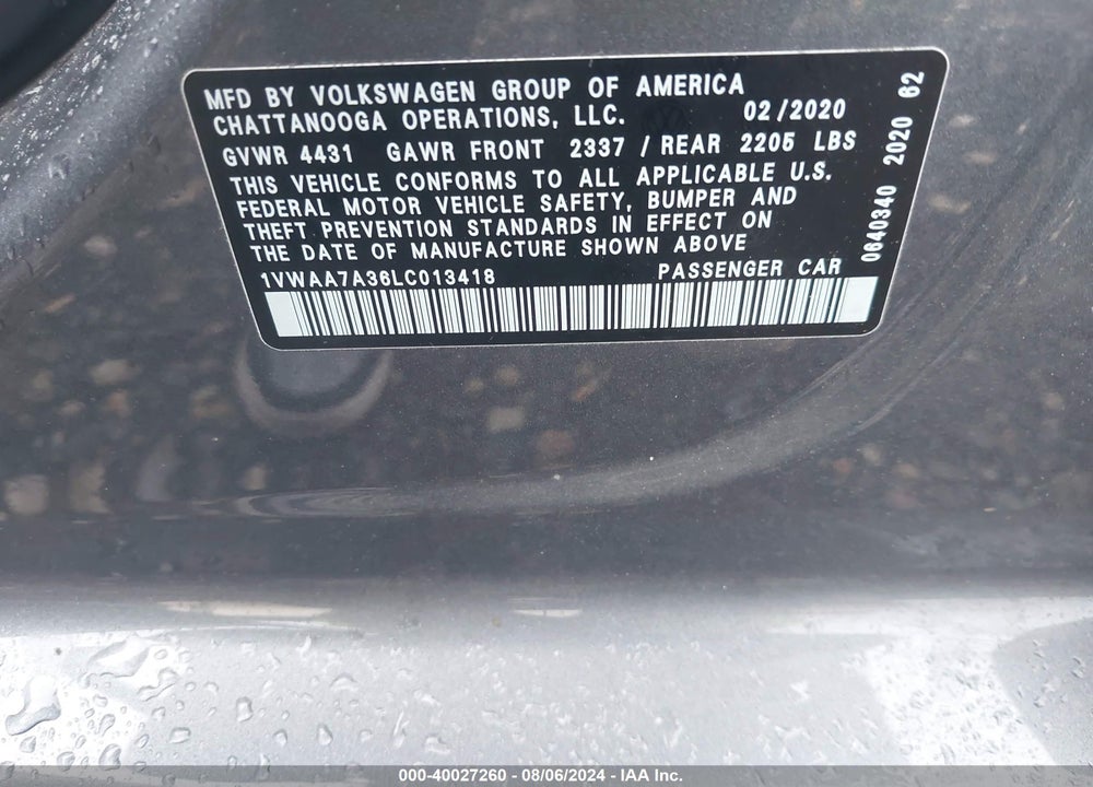 2020 VOLKSWAGEN PASSAT 2.0T S VIN: 1VWAA7A36LC013418