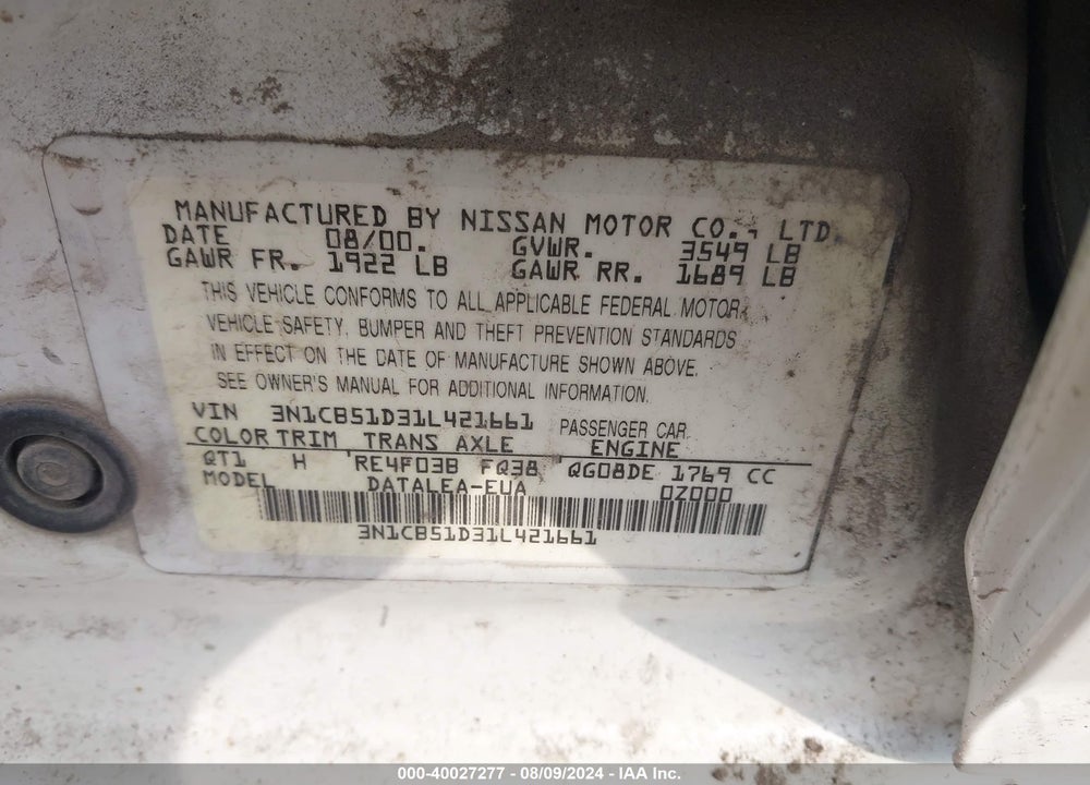 2001 NISSAN SENTRA GXE VIN: 3N1CB51D31L421661