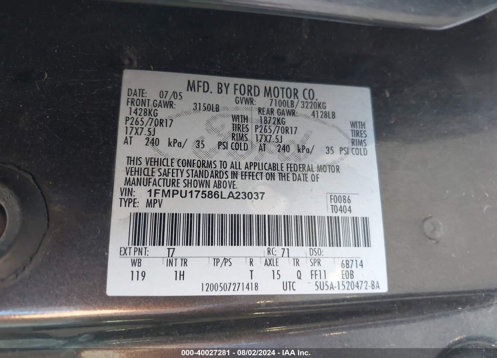 2006 FORD EXPEDITION EDDIE BAUER/KING RANCH VIN: 1FMPU17586LA23037