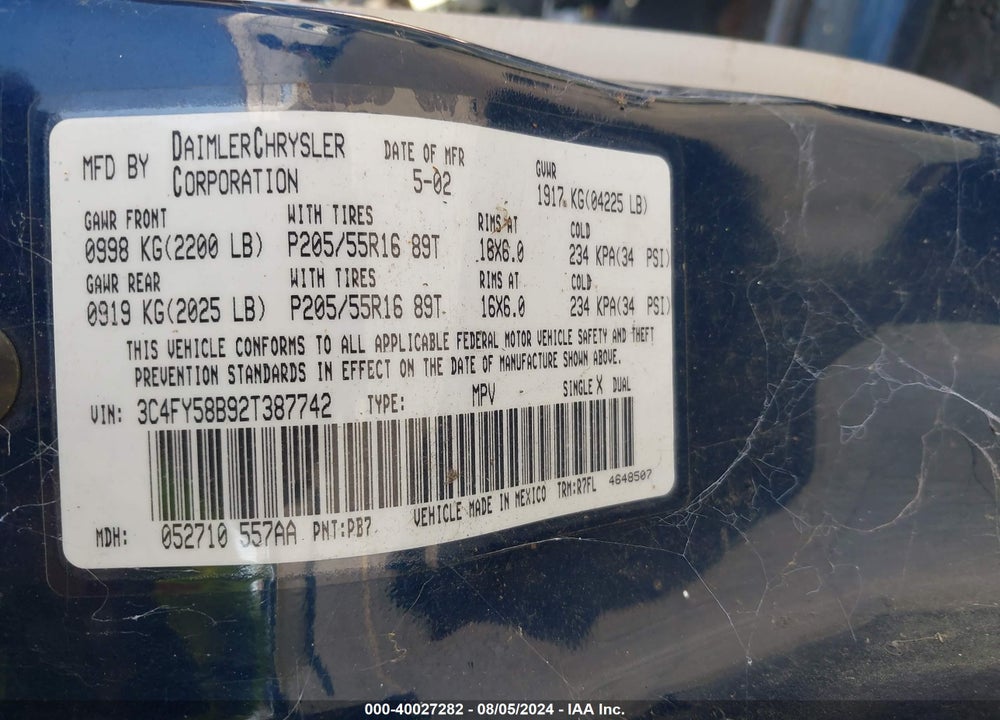 2002 CHRYSLER PT CRUISER TOURING VIN: 3C4FY58B92T387742