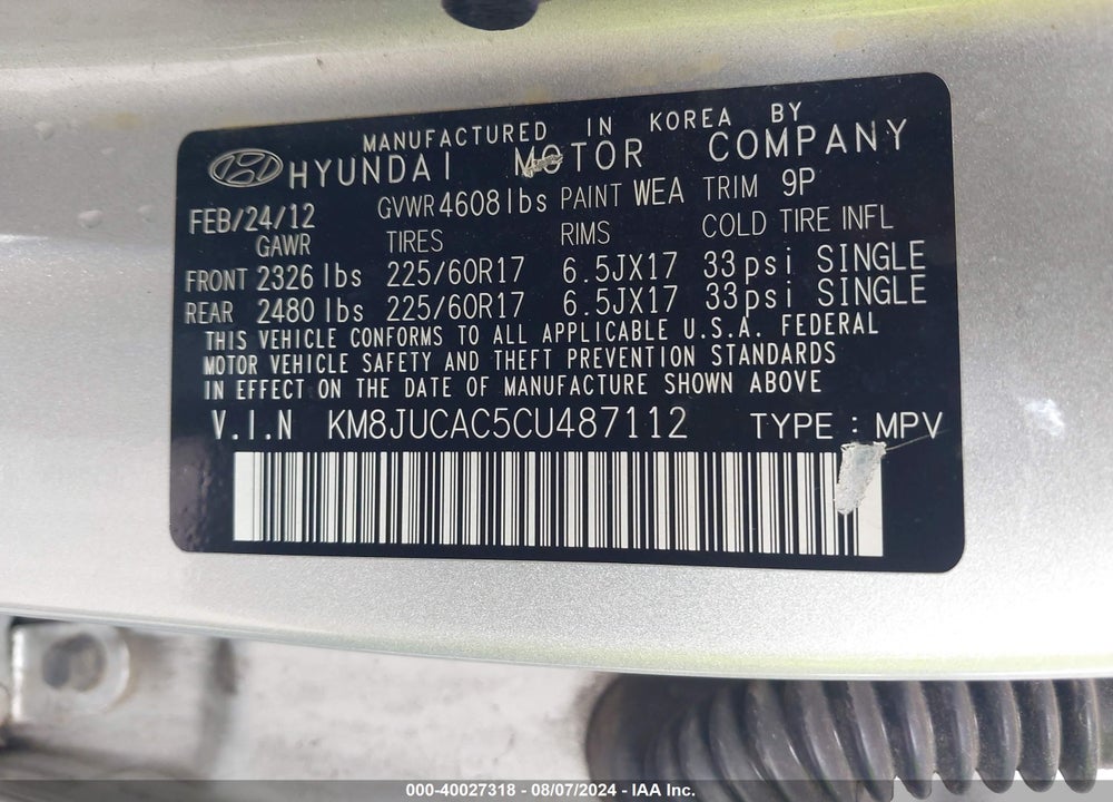 2012 HYUNDAI TUCSON GLS VIN: KM8JUCAC5CU487112