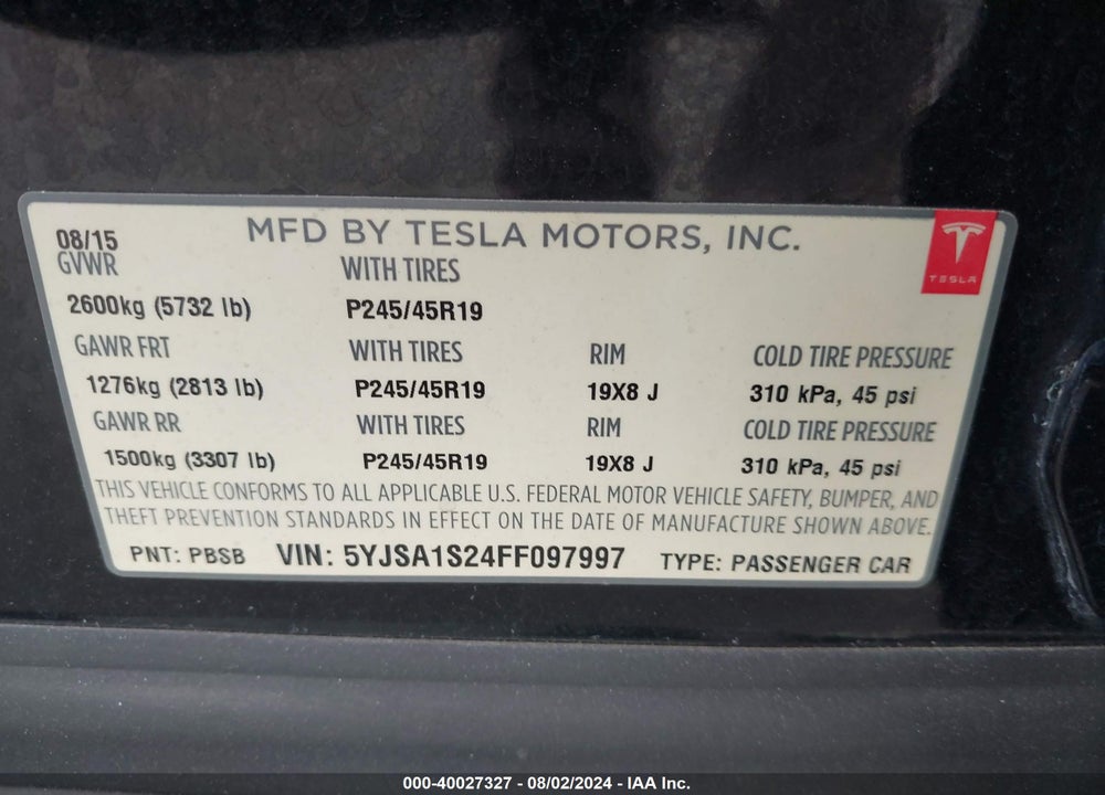 2015 TESLA MODEL S 70D/85D/P85D VIN: 5YJSA1S24FF097997
