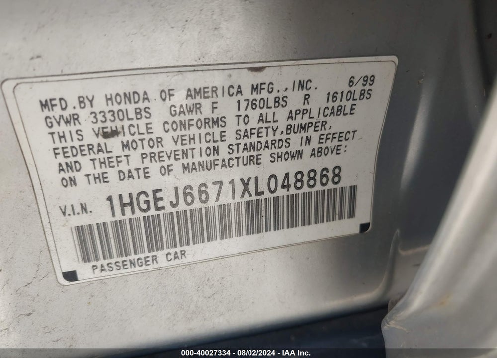 1999 HONDA CIVIC LX VIN: 1HGEJ6671XL048868