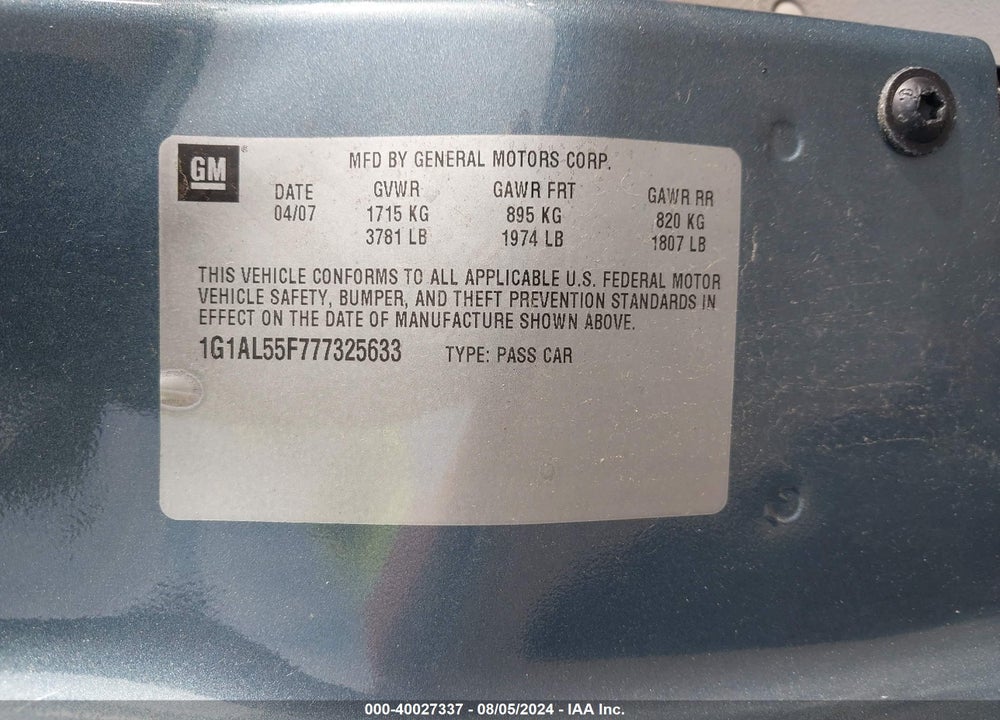 2007 CHEVROLET COBALT LT VIN: 1G1AL55F777325633