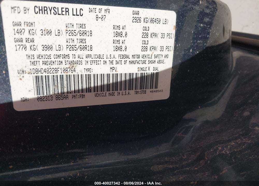2008 DODGE DURANGO SLT VIN: 1D8HD48228F108764