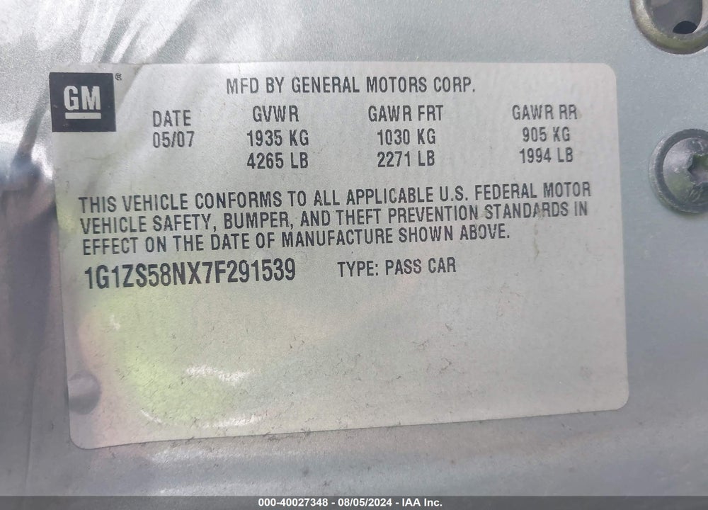 2007 CHEVROLET MALIBU LS VIN: 1G1ZS58NX7F291539