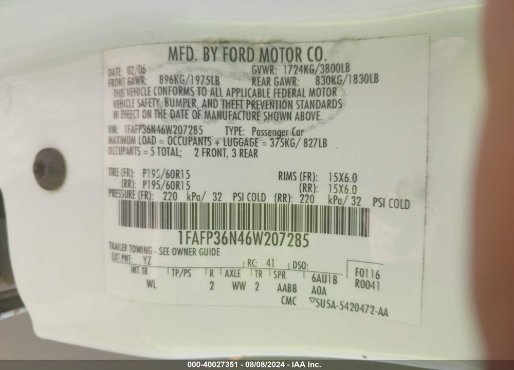 2006 FORD FOCUS VIN: 1FAFP36N46W207285