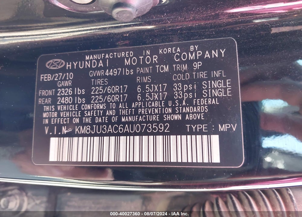 2010 HYUNDAI TUCSON GLS VIN: KM8JU3AC6AU073592