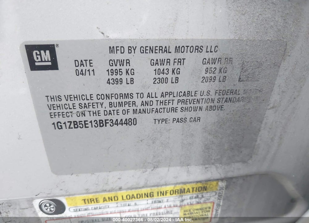 2011 CHEVROLET MALIBU LS VIN: 1G1ZB5E13BF344480