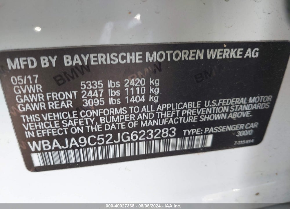 2018 BMW 530E IPERFORMANCE VIN: WBAJA9C52JG623283