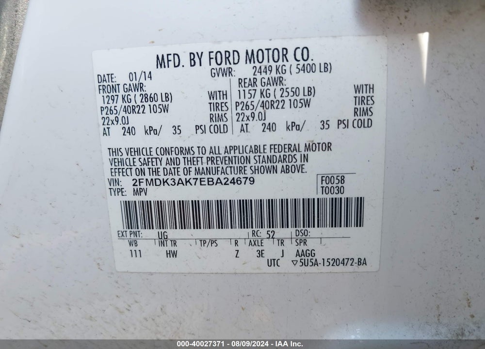 2014 FORD EDGE VIN: 2FMDK3AK7EBA24679