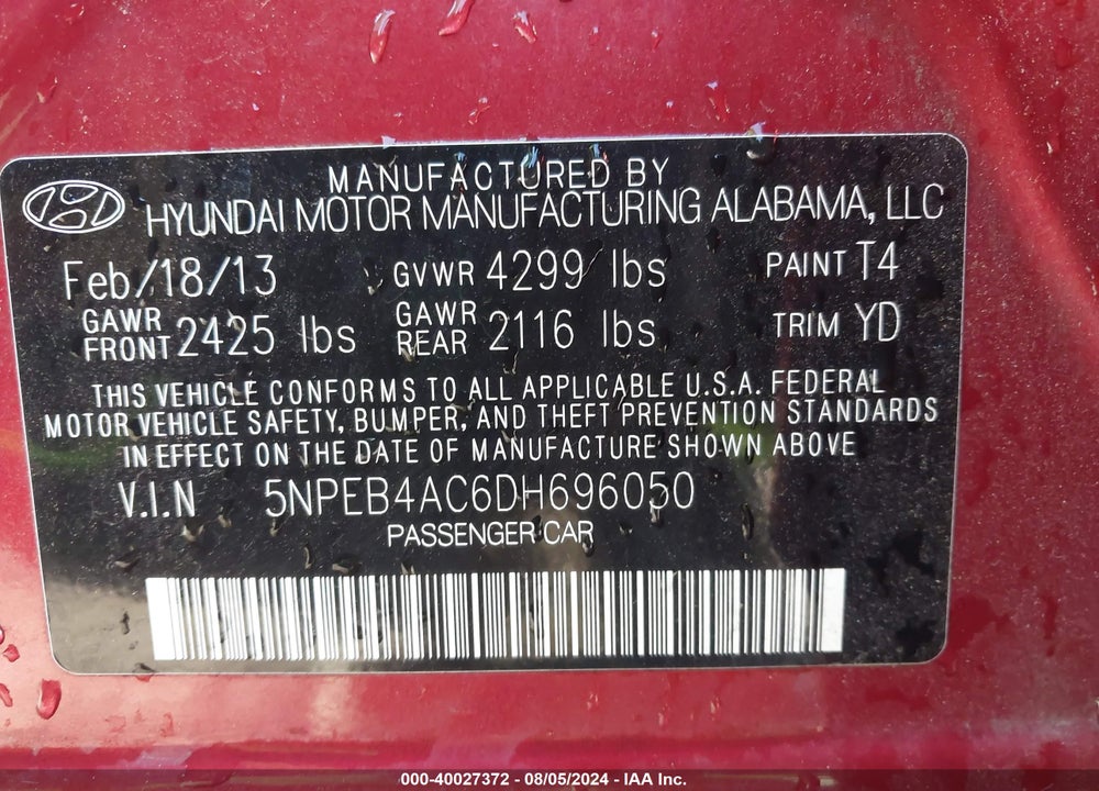 2013 HYUNDAI SONATA GLS VIN: 5NPEB4AC6DH696050