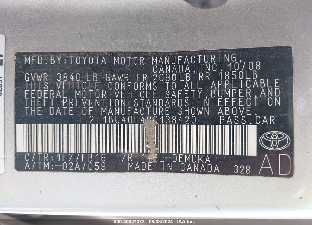 2009 TOYOTA COROLLA VIN: 2T1BU40E49C138420