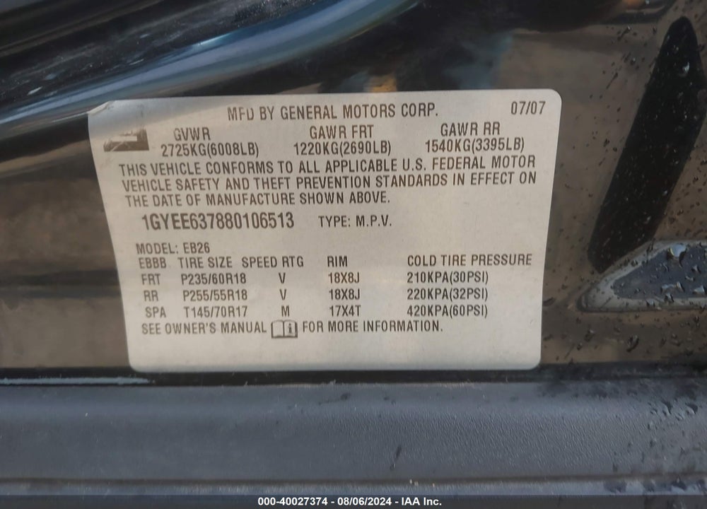 2008 CADILLAC SRX V6 VIN: 1GYEE637880106513