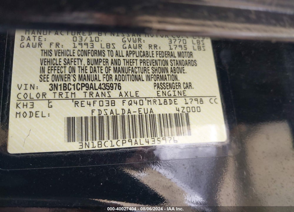 2010 NISSAN VERSA VIN: 3N1BC1CP9AL435976