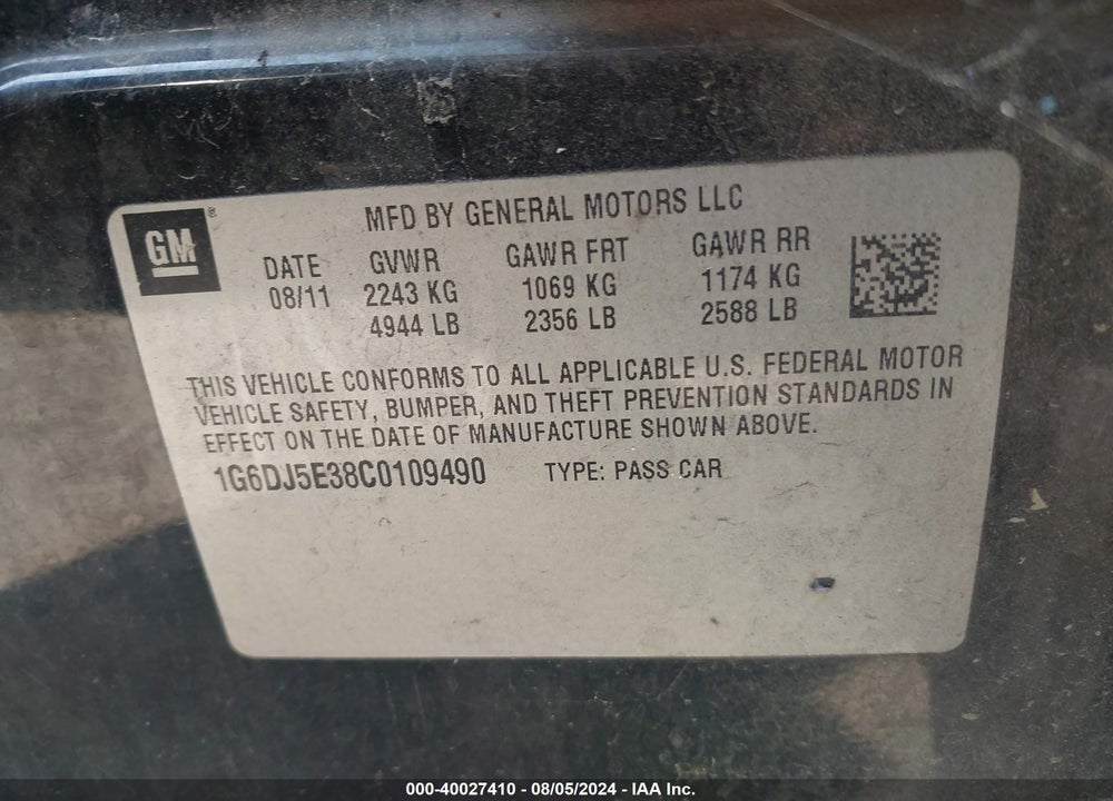 2012 CADILLAC CTS PERFORMANCE VIN: 1G6DJ5E38C0109490